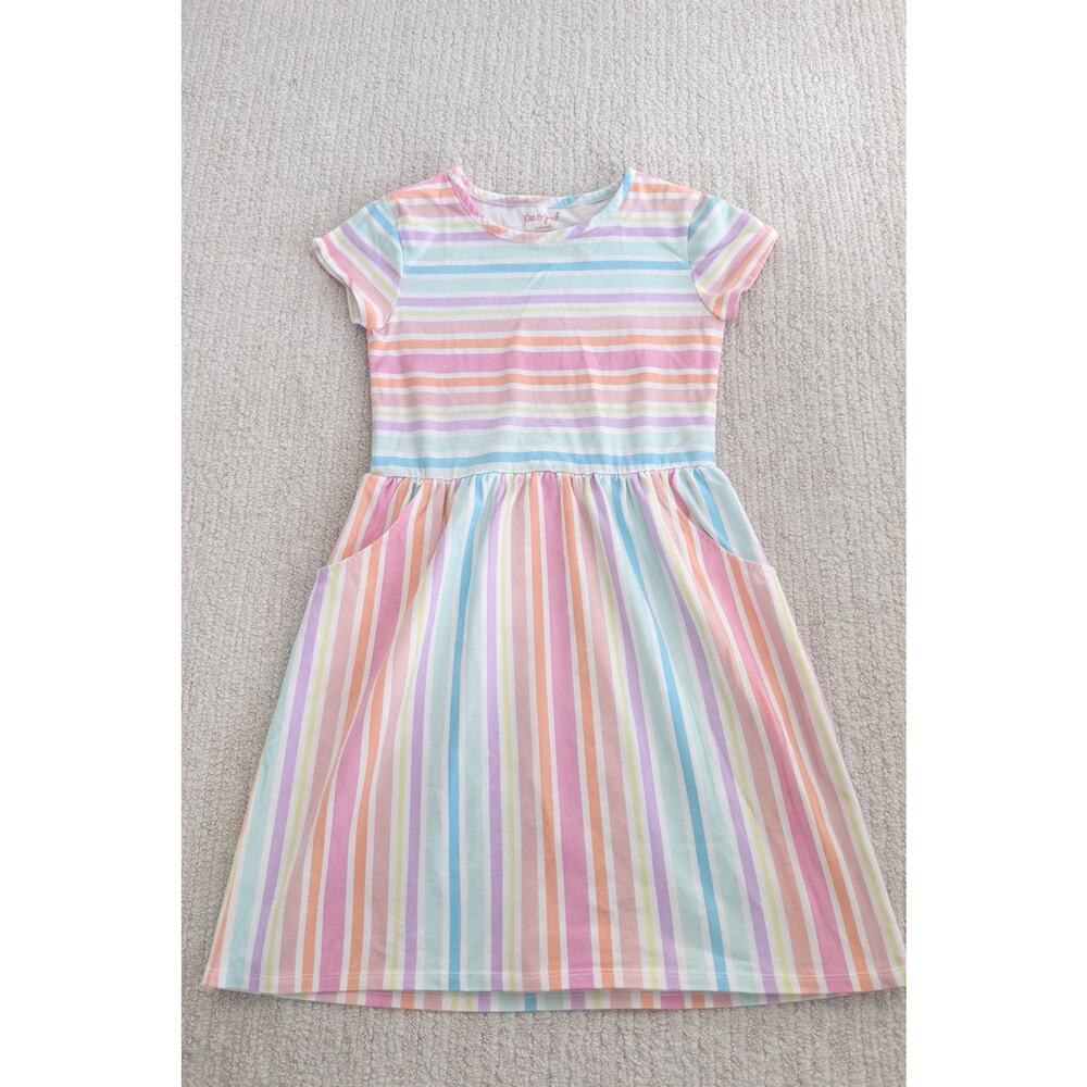 Cat & Jack Girls Rainbow Stripe Dress Large 10/12 Short Sleeve dress w/pockets